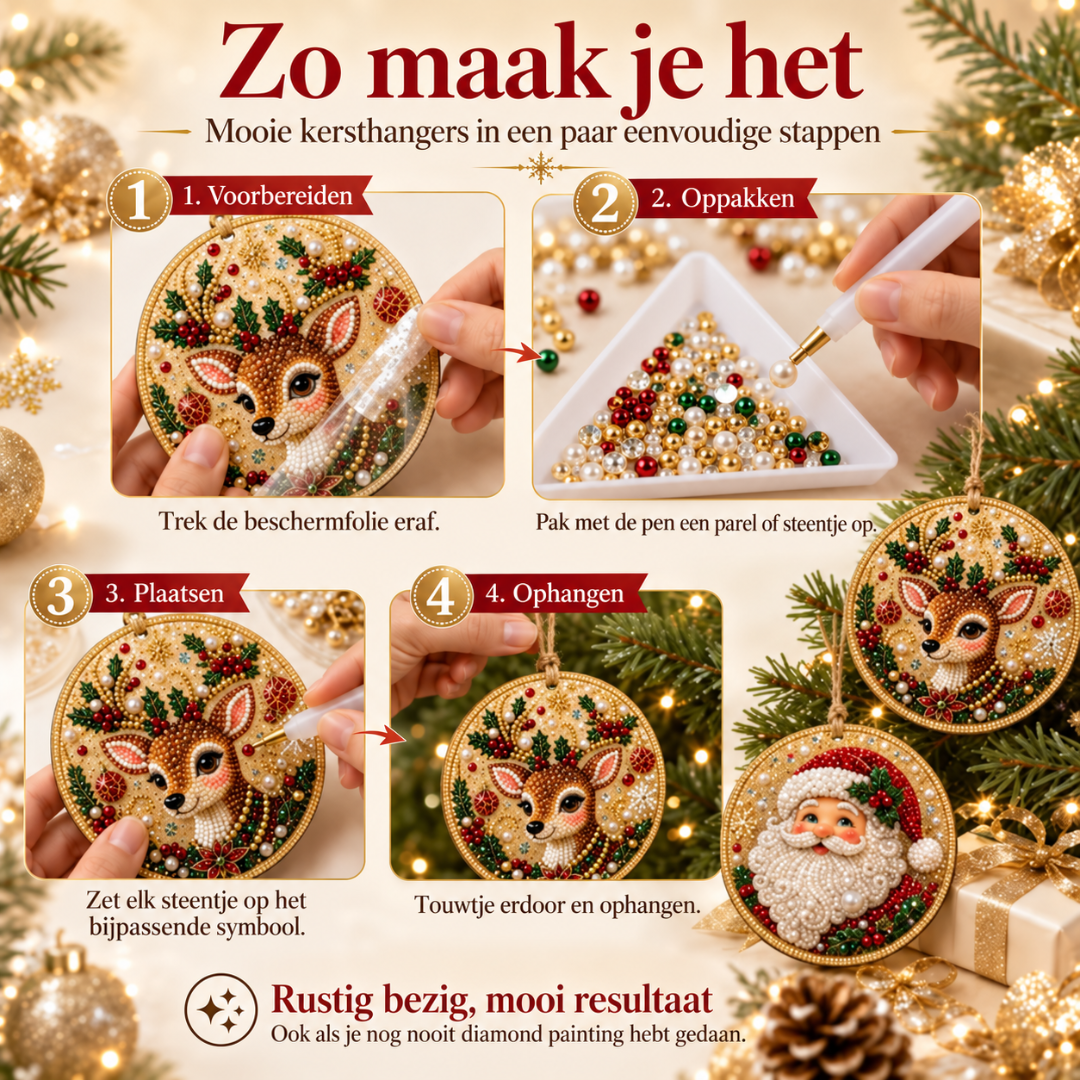 ParelHanger™ – 6 houten kersthangers met parels en steentjes, elk in één avond af