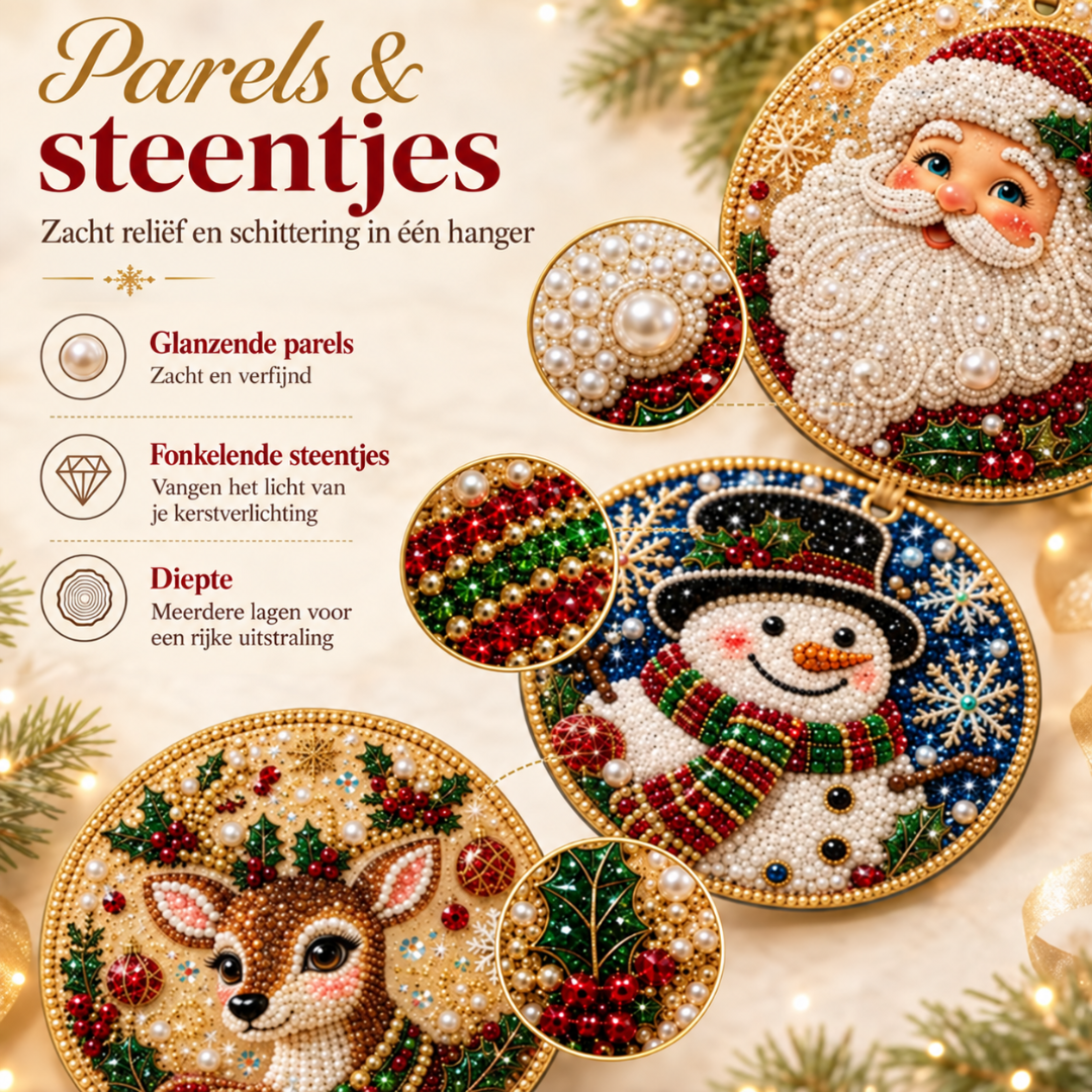ParelHanger™ – 6 houten kersthangers met parels en steentjes, elk in één avond af