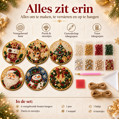 ParelHanger™ – 6 houten kersthangers met parels en steentjes, elk in één avond af