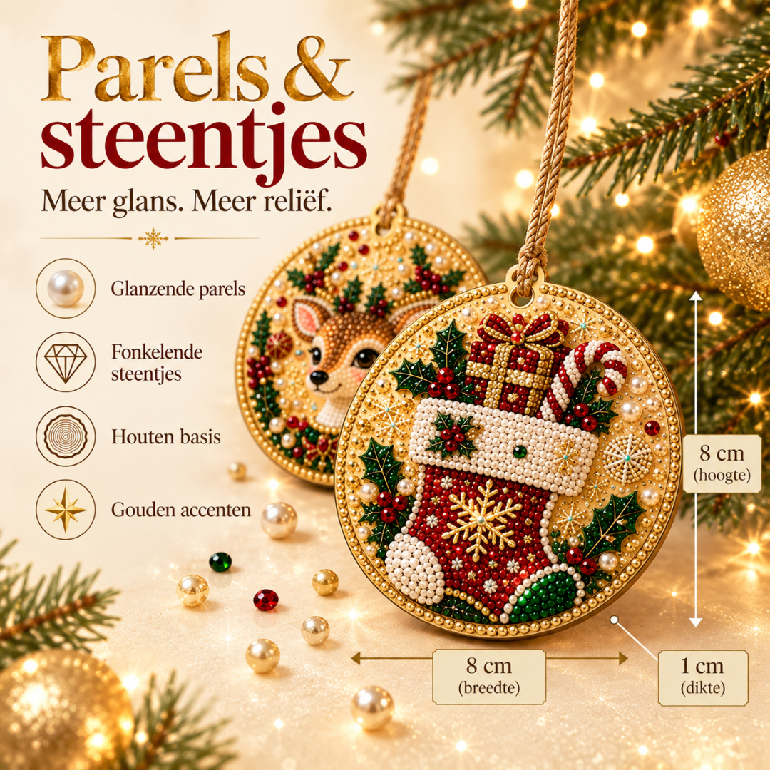 ParelHanger™ – 6 houten kersthangers met parels en steentjes, elk in één avond af